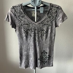 Vocal USA Womens Shirt Sz M Grey Weathered Rhinestone Bling Y2K Cross Biker